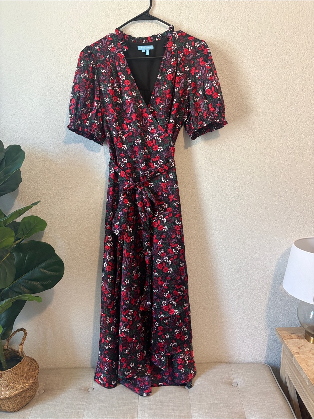 Draper James Black Floral Wrap Maxi Dress with Red Accents tie waist 14